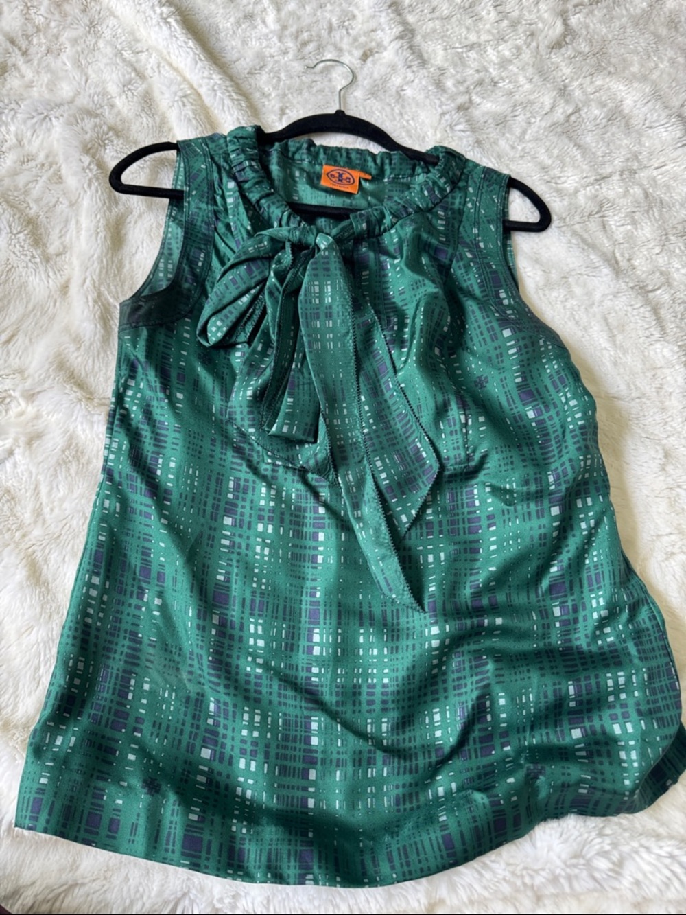 Tory Burch Silk Sleeveless Green Tie-Neck Women's Top
